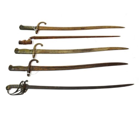 A Victorian 1822 Pattern Infantry Sword, with 82cm pipe back quill blade, gilt brass gothic hilt with hinged guard, pierced a