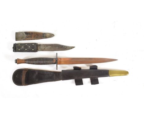 A Third Pattern Fighting Knife, with machine forged steel blade, oval steel crossguard and ribbed alloy grip, the leather sca