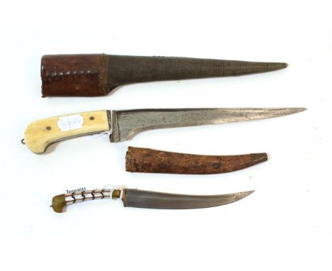 A 19th Century Indian Karud Dagger, with 25.5cm T section steel blade, with bone grip scales, in leather and stiff cloth scab