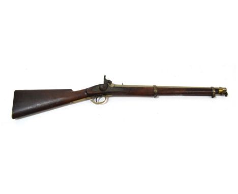 A Victorian Percussion Two Band Carbine, the 53.5cm steel barrel with Birmingham proof marks and stamped 17, the lock plate s