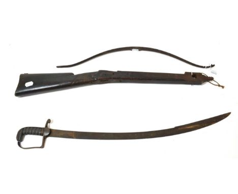 A 19th Century Continental Cavalry Sabre, the 78cm single edge curved steel blade double edged for the last 28cm, the steel s