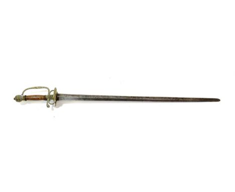 A Georgian Small Sword, the 74cm double edge steel blade with raised medial ridge and rounded tip, the brass hilt pierced and