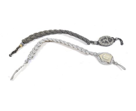 A German Third Reich Luftwaffe Marksman's Lanyard, in plaited grey braid with silver/aluminum threads interwoven in a 'V' pat