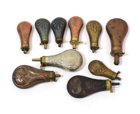 Six Various Brass, Copper and Tin, Pear-Shaped, Pistol Powder Flasks, including an example by named maker, G. &amp; J.W. Hawk