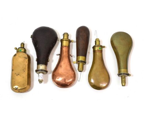 A 19th Century Leather-Covered, Pear-Shaped, Nickel Silver Powder Flask, two pairs of suspension rings to the sides, the char