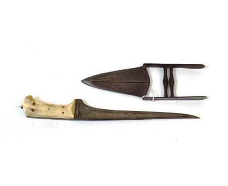 An Early 19th Century Indo Persian Pesh Kabz, with 26cm single edge T section steel blade, with bone grip, lacks scabbard; a 