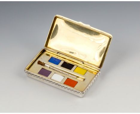 A unique novelty Channel Islands silver & enamel paint box by Bruce Russell of Guernsey, hallmarked 1980, inscribed to the to