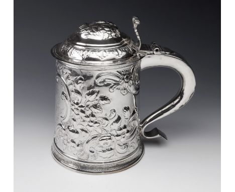 A rare George II Channel Islands silver lidded quart tankard, maker's mark GH struck three times beneath rim, to handle and t