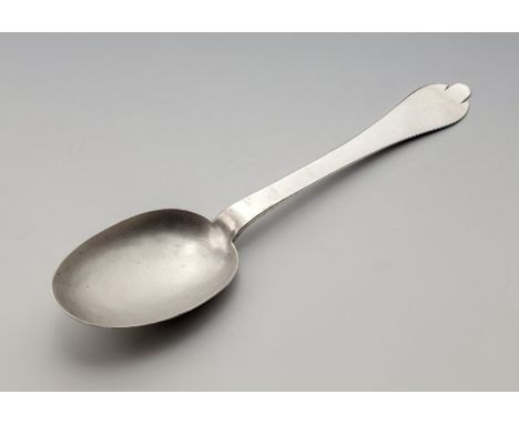 A Queen Anne Channel Islands silver trefid spoon, c.1710, maker's mark GS beneath a fleur-de-lys and coronet struck once to l