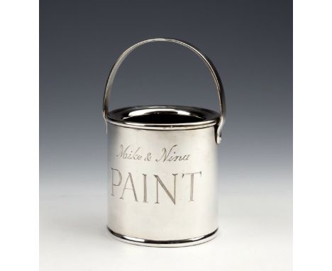 A unique novelty Channel Islands silver & enamel paint pot by Bruce Russell of Guernsey, hallmarked 1976, the typically shape