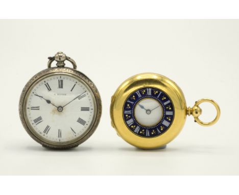 An 18ct gold and enamel cased half hunter fob watch, the dust cover signed by the retailer 'A. P. Roger Guernsey', with keywo