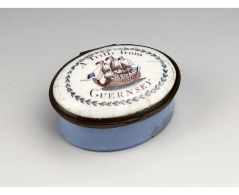 A very rare Bilston enamel souvenir patch box with Guernsey interest, c.1780, the hinged enamel lid decorated with a central 