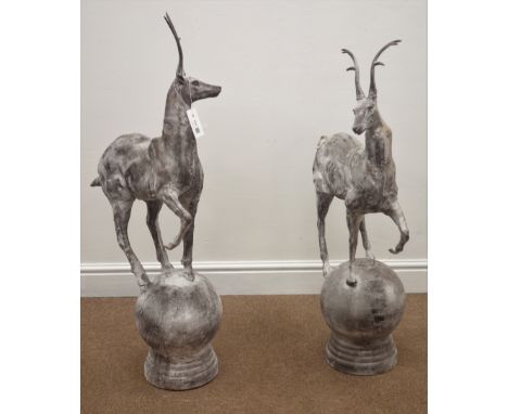 Pair cast metal garden stags on spherical mounts, figures/gate post finials, H91cm Condition Report Click here for further im