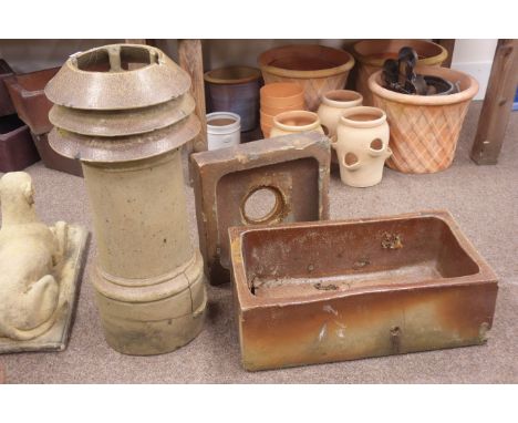 Victorian glazed terracotta chimney pot (H86cm), salt glazed trough and a salt glazed drain