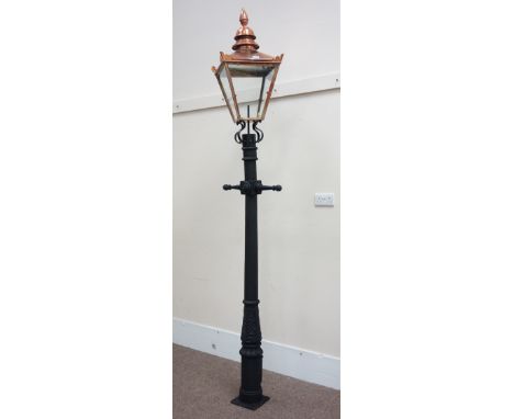 Victorian style cast iron street lamp post with copper and glass lantern top, H336cm Condition Report Click here for further 