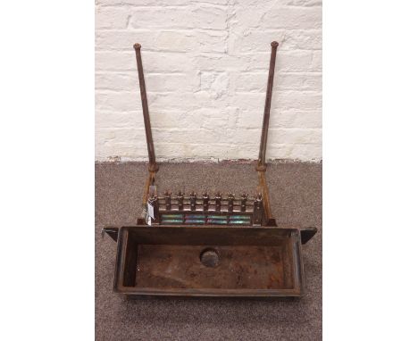 19th century cast iron rain hopper (W73cm), pair wrought metal sink supports and a fire front