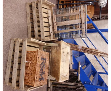 Six vintage wood fruit and veg crates, wooden and wrought metal hay spade, vintage pine grain hopper, Fortnum &amp; Masons wi