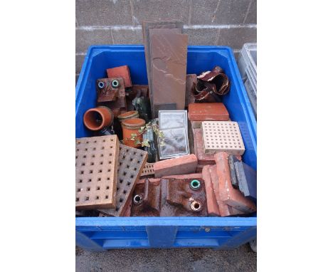 Quantity architectural items to include terracotta tiles, glass tiles, vented tiles, cast iron guttering and more (Container 