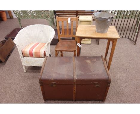 Vintage child's school bench and chair, wicker armchair, travelling trunk and galvanized bucket
