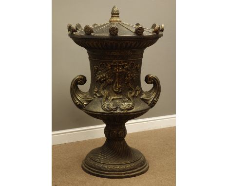 Large bronze finish cast iron lidded garden urn, decorated with foliage swags and dolphins, swirled circular base, H120cm, D7