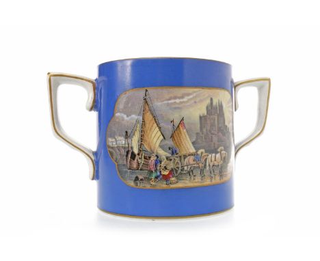 19TH CENTURY PRATTWARE TWO HANDLED CUPof circular form, the blue body decorated with two panels of shore and cattle scenes, g