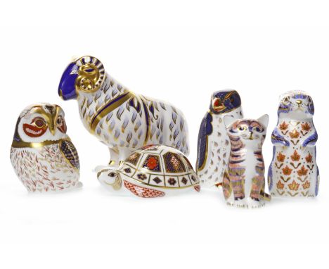 ROYAL CROWN DERBY OLD IMARI TORTOISE PAPERWEIGHTmarks to base, missing stopper, 12cm long, along with Tawny Owl; Chipmunk; Se