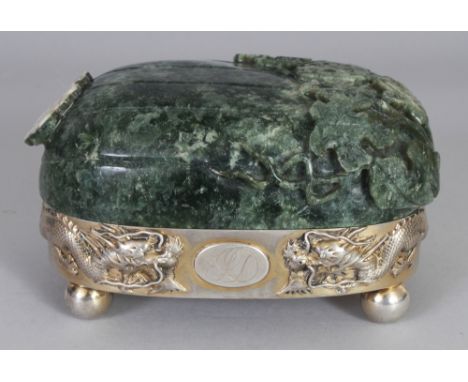 A GOOD EARLY 20TH CENTURY CHINESE SILVER & JADE OVAL BOX BY LUENWO OF SHANGHAI, the fruit form jade cover carved in relief wi