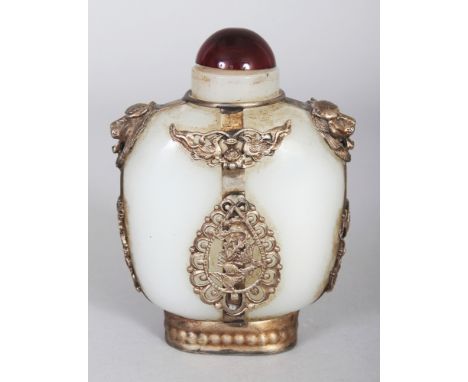 A CHINESE SILVER-METAL OVERLAID WHITE JADE-LIKE GLASS SNUFF BOTTLE & STOPPER, 3.5in high.