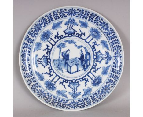 ANOTHER 19TH CENTURY CHINESE BLUE & WHITE PORCELAIN PLATE, painted to its centre with a panel of two ladies playing Go, 9.3in