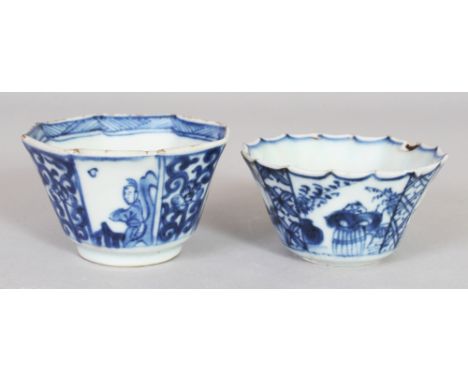 A CHINESE KANGXI PERIOD BLUE & WHITE OCTAGONAL PORCELAIN TEABOWL, 2.4in wide & 1.5in high; together with a similar slightly s