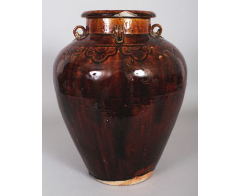 A CHINESE MING DYNASTY MATABAN BROWN GLAZED CERAMIC STORAGE JAR, the shoulders with four lug handles, the base unglazed, 12.3