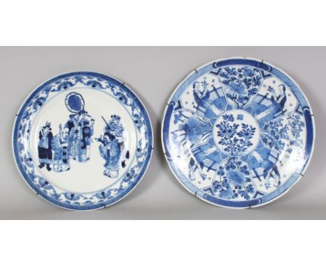 TWO 19TH CENTURY CHINESE BLUE & WHITE PORCELAIN PLATES, one base with a four-character Kangxi mark, 9.4in & 10.1in diameter. 