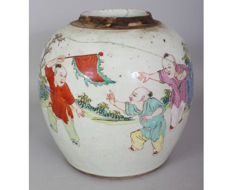 AN 18TH CENTURY CHINESE FAMILLE ROSE PORCELAIN JAR, painted with a continuous scene of boys playing in a fenced garden settin