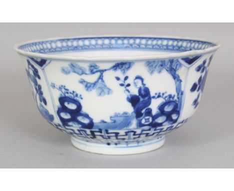 A 19TH CENTURY CHINESE BLUE & WHITE PORCELAIN BOWL, painted with figural and with floral panels, the base with a four-charact
