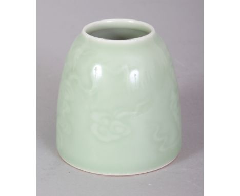 A CHINESE CELADON BEEHIVE FORM PORCELAIN WATER POT, with underglaze cloud scroll decoration, the base with a six-character Ka