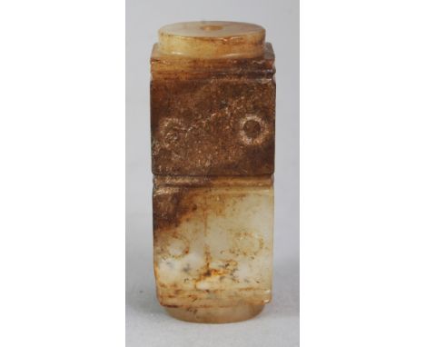 A CHINESE ARCHAIC FORM SQUARE SECTION JADE BEAD, the stone of celadon and russet colouring, 0.75in square & 1.8in long.