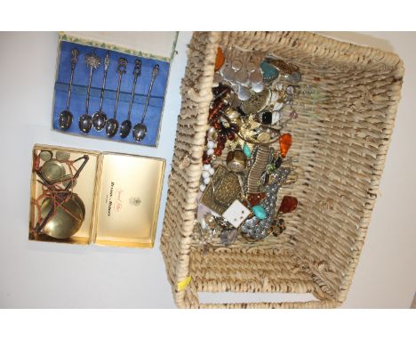 A basket containing scales and weights; white metal spoons; designer jewellery; costume jewellery etc. 