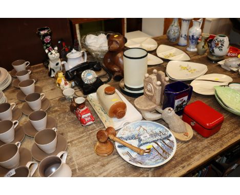 A glass punch bow set; a rotary dial telephone; various ornaments; gavel; cash tin; book ends etc. 