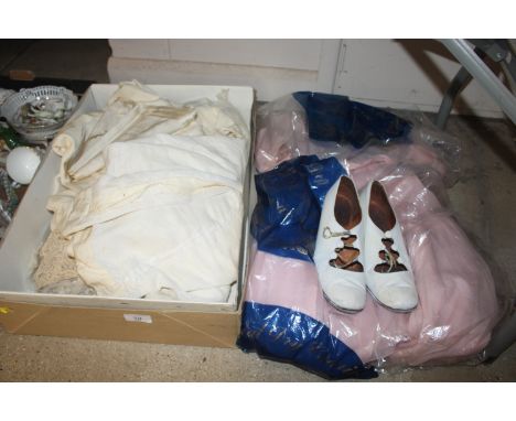 A box of miscellaneous lace, textiles a pair of vintage shoes, dress, etc.