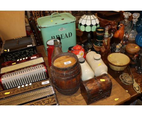 An enamel bread bin; stone ware hot water bottles; a miniature barrel; and a hard wood trinket box