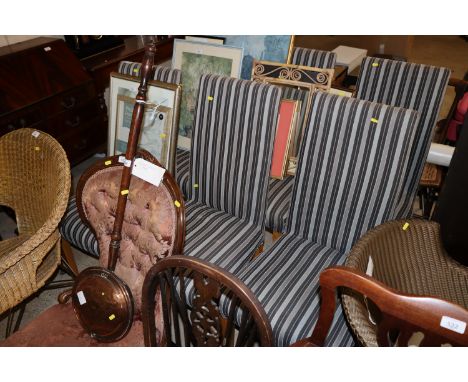 A set of six light oak and stripe upholstered dining chairs 