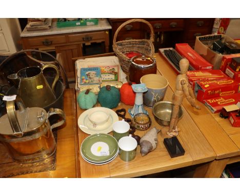 A quantity of various ephemera; wicker basket; pin cushions in the form of pumpkins; an oak biscuit barrel; and  an artists l