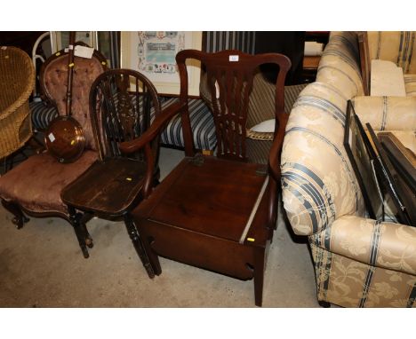 A 19th Century mahogany commode chair and a elm seated stick and wheel back chair 