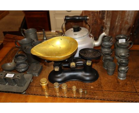 A set of brass scales and weights and a Mermaid Aga kettle AF
