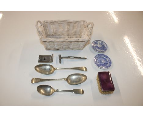 A silver and enamel decorated brush; two miniature Spode plates; a belt buckle; silver plated spoons etc.