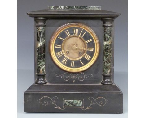 Victorian black slate mantel clock with marbled columns and two train Japy Freres movement&nbsp;