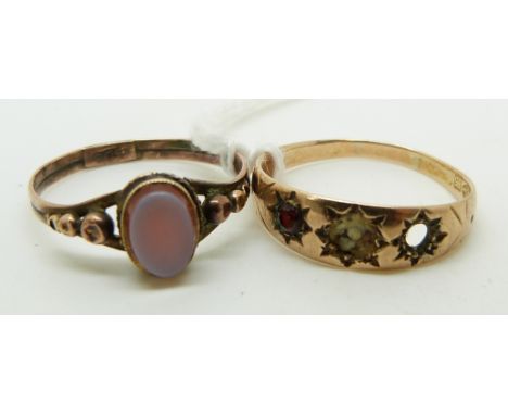 Victorian 9ct rose gold ring set with agate (1.2g), and a 15ct gold ring, 1.9g&nbsp;