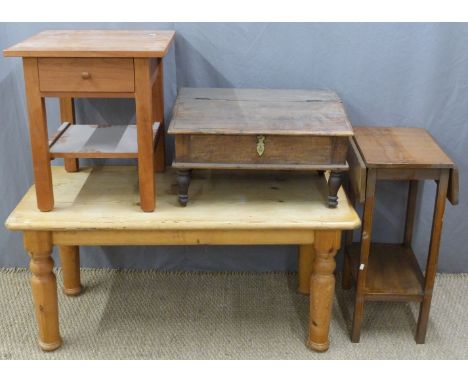 Pine occasional table, length 121cm, bedside table, side table and a writing slope or desk