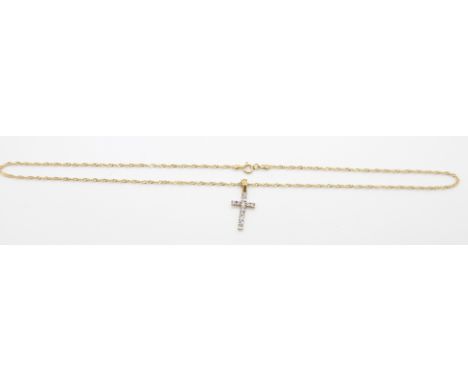 A 9ct gold cross pendant set with tanzanite on 9ct gold necklace/chain, 2.5g, 25cm drop&nbsp;