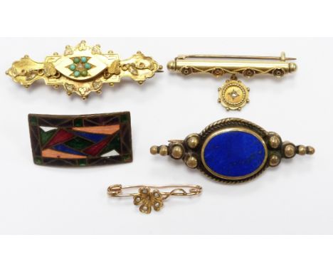 A 9ct gold brooch set with turquoise, Birmingham 1886 (3.3g), 15ct gold brooch set with a diamond, 15ct gold brooch set with 